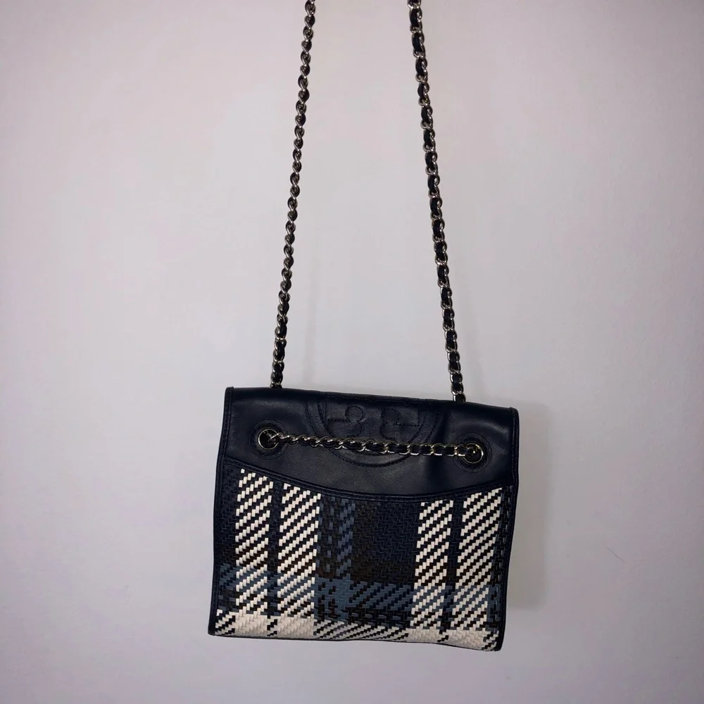 Tory Burch Navy Blue and White Woven Crossbody Bag